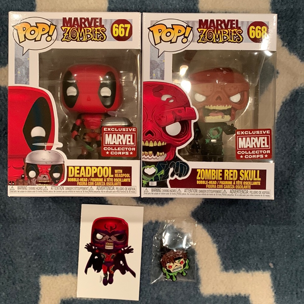 Marvel Zombies Funko Pop Zombie Red Skull & Deadpool with Zombie sticker & pin
